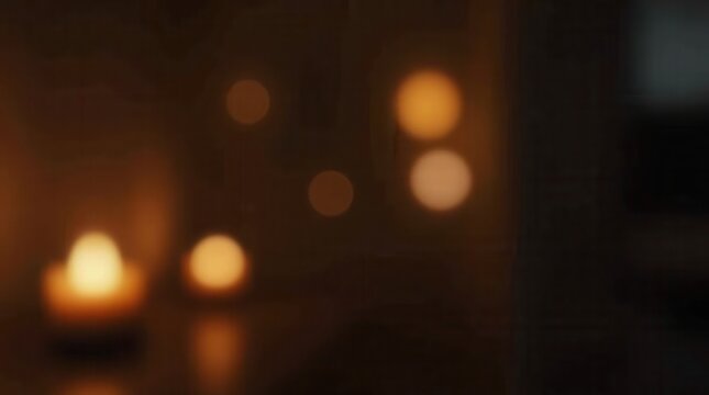 A blurred warm indoor scene featuring a glowing candle in the foreground and golden light circles in a dark cozy room 
