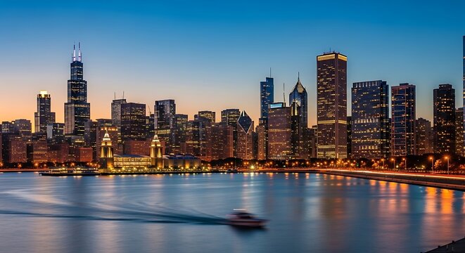 City skyline at dusk with illuminated skyscrapers and calm water
