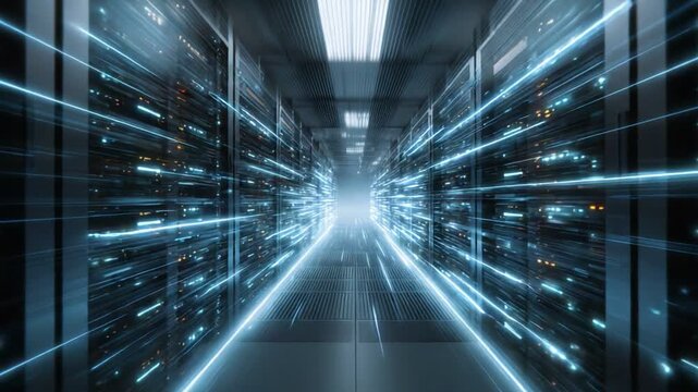 A futuristic data center corridor illuminated by vibrant lights, showcasing advanced server racks in motion. This dynamic setting represents innovation and high-tech environments.