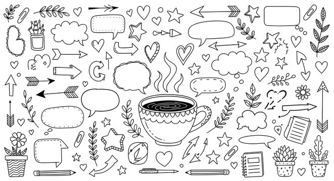  Black and white doodle art illustration with a large coffee cup in the center, surrounded by hand-drawn creative elements: arrows, stars, hearts, speech bubbles, plants, and stationery.