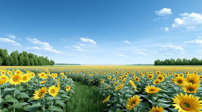 Sunflower Field under Blue Sky: A vast field of radiant sunflowers stretches towards the horizon under a clear, bright blue sky, the epitome of a summer day's beauty.