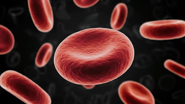 Red blood cells floating in a dark environment, close-up view.