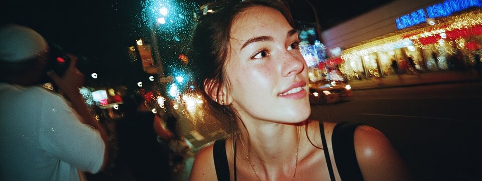 Portrait of Young Woman with Flash Effect in Urban Street Scene at Night, Captured with a Disposable Camera