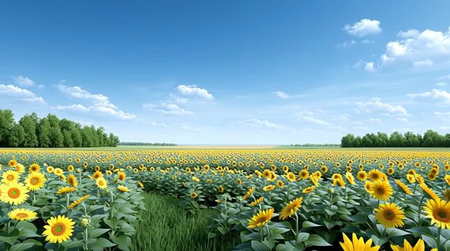 Sunflower Field under Azure Sky: A vibrant sea of sunflowers stretches endlessly towards the horizon beneath a vast, cloudless blue sky, a symbol of joy and warmth.