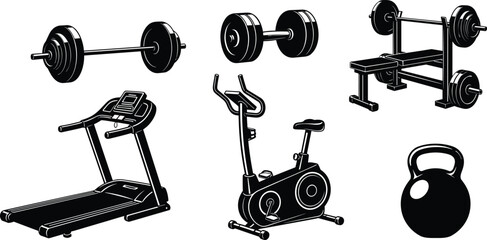 Fototapeta premium gym equipment vector illustration, barbell dumbbell kettlebell artwork, treadmill exercise bike design, bench press training concept, fitness workout tools, black white artwork