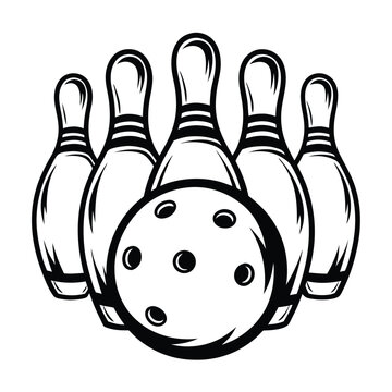 A black and white bowling ball appears centered amongst five bowling pins
