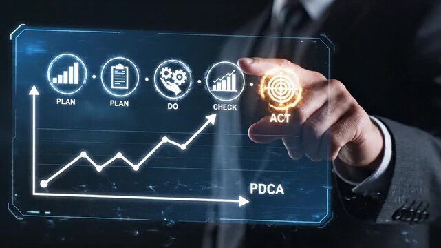 Businessman interacting with digital interface displaying PDCA cycle and graph illustrating business strategy and performance improvement from a professional viewpoint