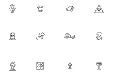 Zombie apocalypse and horror line icon set featuring undead head, tombstone, biohazard sign, and survival symbols vector