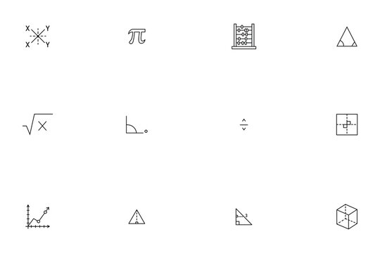 Mathematics and geometry line icon set featuring pi symbol, abacus, square root, triangles, and coordinate graphs vector
