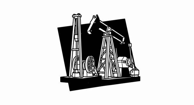 Two pumpjacks are shown in a stylized black and white illustration