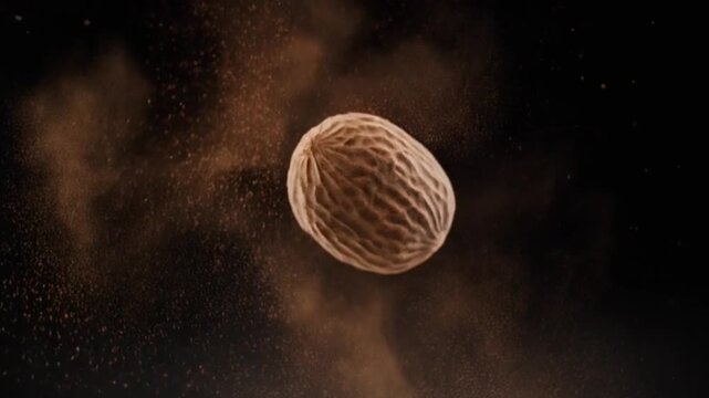 Macro shot nutmeg dust bursting in soft motion while whole nutmeg floats at the center, sparkling under controlled studio lighting