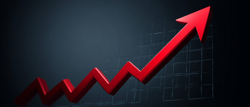 Gr&aacute;fico financeiro vermelho com seta ascendente representando crescimento econ&ocirc;mico, valoriza&ccedil;&atilde;o de mercado e aumento de investimentos empresariais