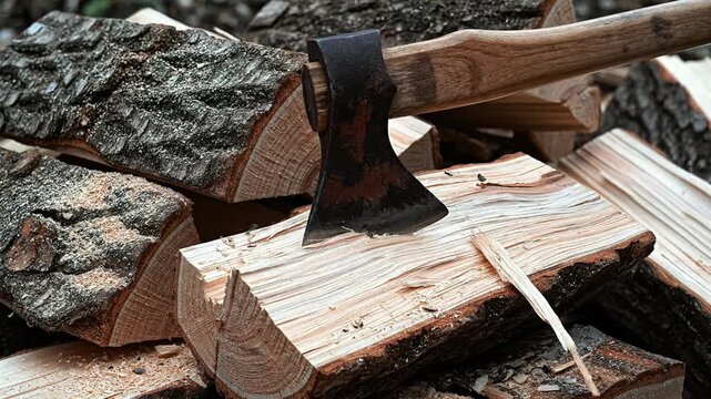 Axe stuck in a chopped wooden log outdoors.
