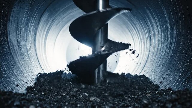 Drill bit drilling into dark soil with debris flying around, close-up view of industrial machinery in action