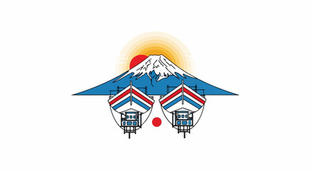 Stylized Japanese scenery with a snow-capped mountain, boats, and sun