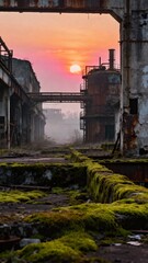 Fototapeta premium Overgrown moss covers concrete ruins of abandoned factory, rusted structures frame a vivid sunset in background, plants reclaiming urban industrial space, concept of nature resilience post-apocalypse