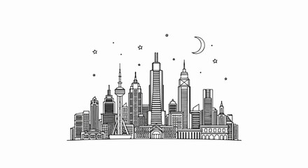 Fototapeta premium Stylized line art of a city skyline under a crescent moon and stars