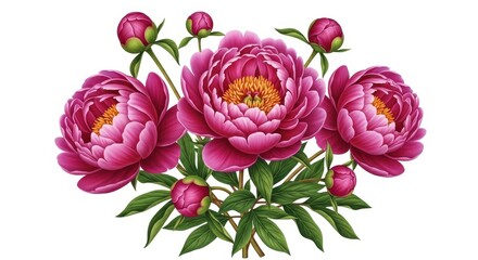 Beautiful vibrant pink peonies and buds with green leaves creating elegant natural floral arrangement for celebrations