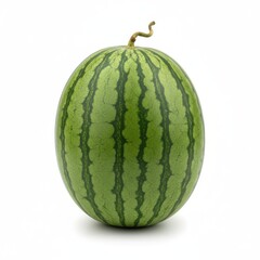 Whole fresh watermelon with green striped skin and tendril on white background, summer fruit concept