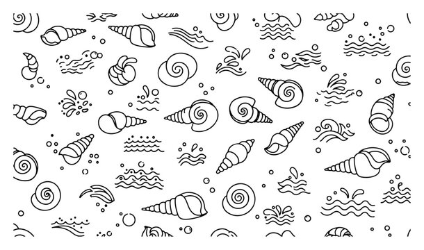 Seamless pattern featuring hand drawn seashells and ocean waves in outline style