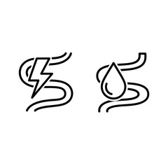 Obraz premium Two line art icons representing concepts: a stylized lightning bolt within a winding path for electricity and a water drop on a path for fluid flow.