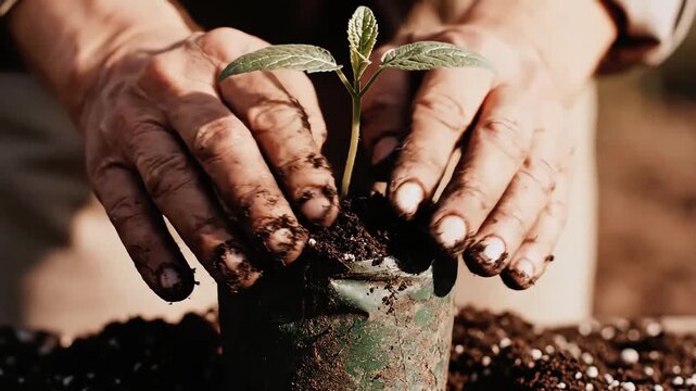 Person planting a small green sapling in soil outdoors.