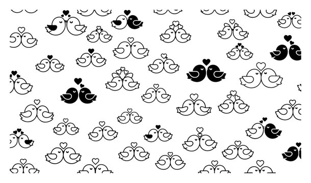 Seamless pattern featuring cute loving bird couples with hearts