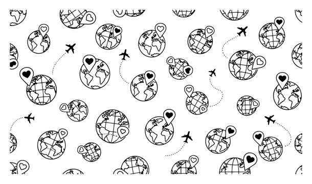 Seamless pattern featuring outline globes with airplanes and heart map pins