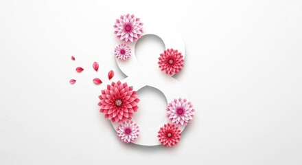 Elegant number 8 adorned with beautiful pink and red dahlia flowers and scattered petals on white surface