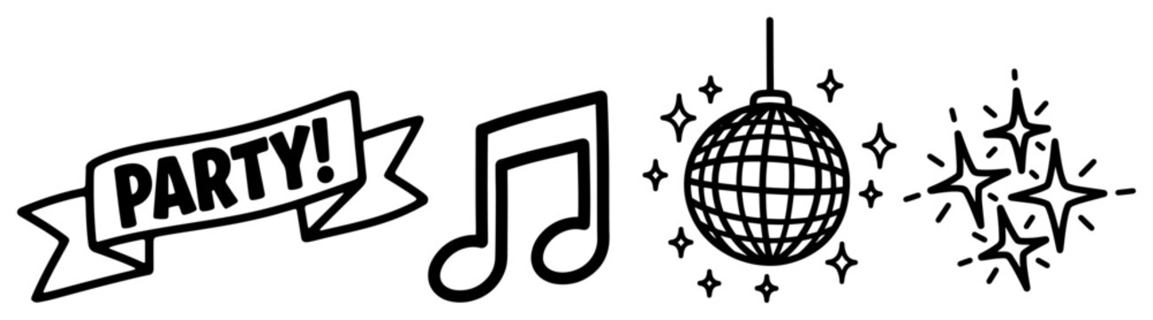 Hand drawn party doodle icons featuring disco ball and music notes