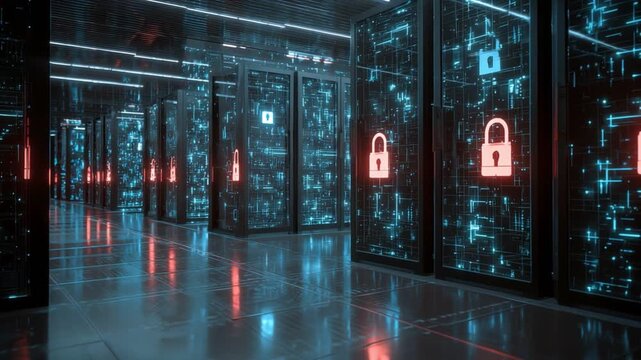 A futuristic data center featuring rows of servers illuminated with blue lights