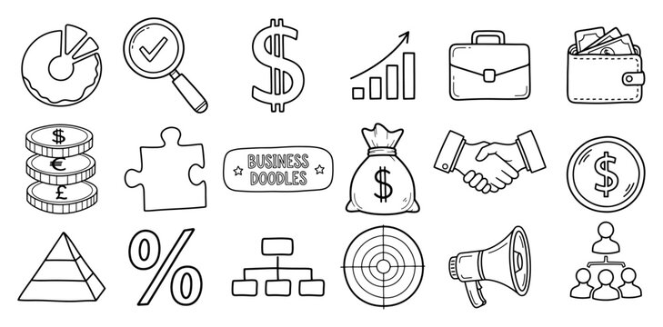 Hand drawn business and finance doodles featuring money charts and office icons