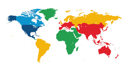 Colorful world map illustration depicting continents and oceans on white