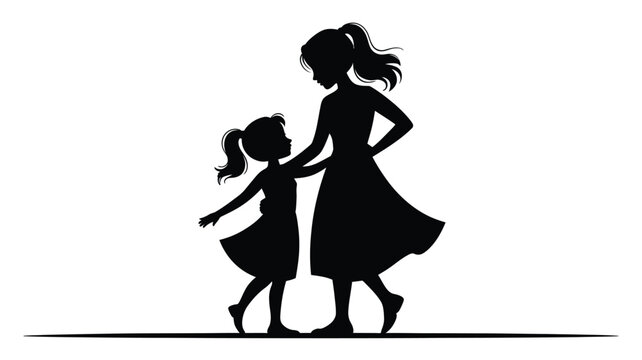 Silhouette of mother and daughter dancing together in black dress on white background
