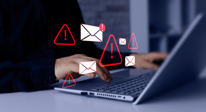 Cyber Scam Alert, Online Scam Warning, Phishing Email Scam and Digital Fraud Concept on Laptop Screen