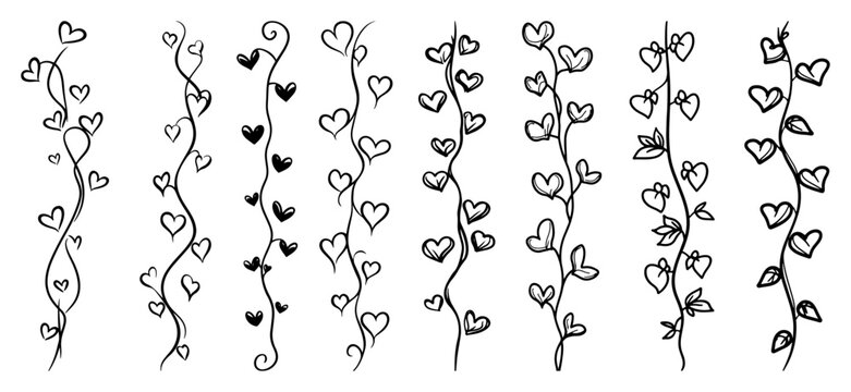 Set of hand drawn vertical heart vine borders and dividers