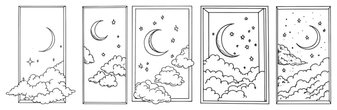 Vertical frames featuring night sky with moon stars and clouds