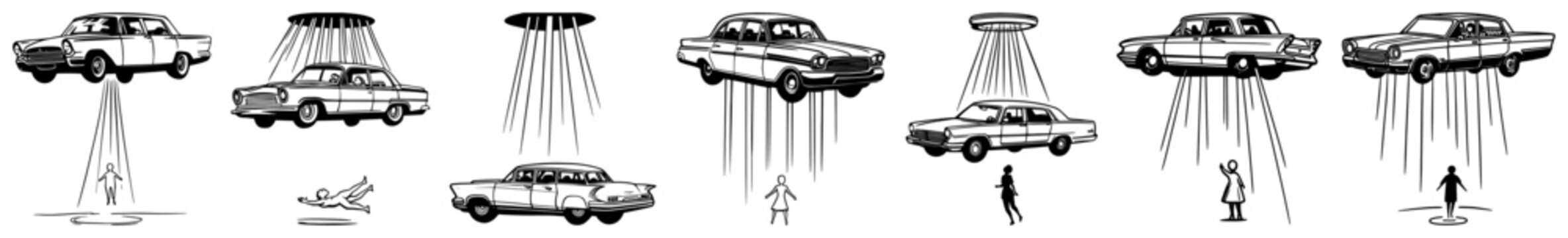 Surreal sketch of retro cars floating with alien abduction light beams