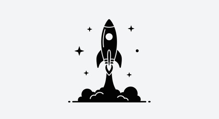 Obraz premium Minimalist Black Rocket Launch Icon with Stars