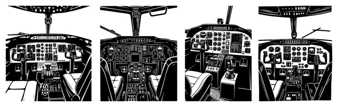 Detailed interior views of airplane cockpits and instrument panels