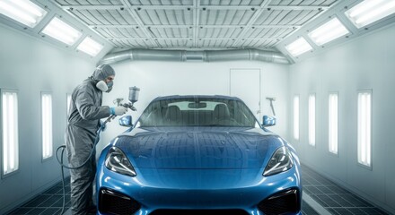 Fototapeta premium Professional auto body shop technician painting a blue sports car