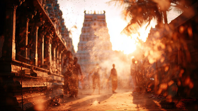 Nallur Festival, Devotee Walking Through Temple Corridor With Golden Light During Sacred Nallur Festival Morning Ritual