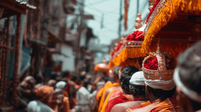Nallur Festival, Devotees Carrying Sacred Chariot During Nallur Festival Procession Through Crowded Temple Streets at Dusk