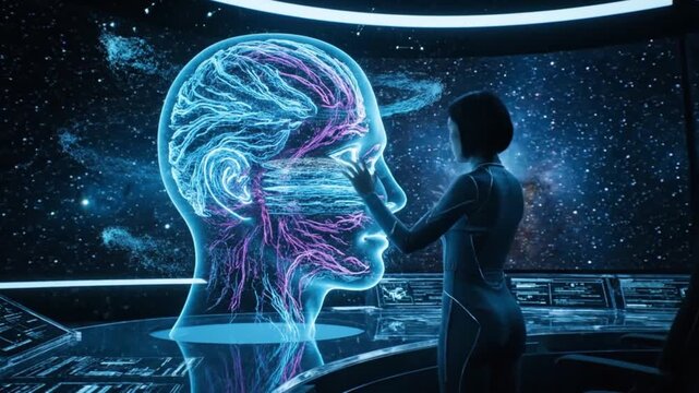 Woman interacts with futuristic holographic brain projection in a dark space control room with starry galaxy background