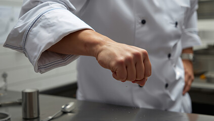 Obraz premium 厨房のステンレス台で日本人シェフがこぶしを打つ