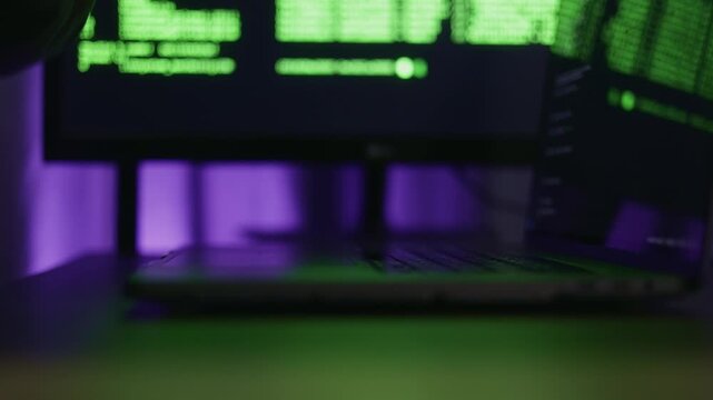 Tech desk scene, Quiet workspace featuring illuminated code and moody purple lighting effects, Serene late night environment showcasing laptop with vibrant green reflections and soft purple hues