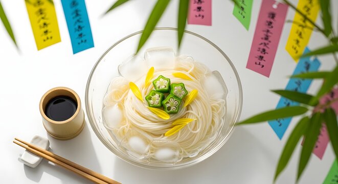 Chilled somen noodles with star shaped okra for Japanese Tanabata festival