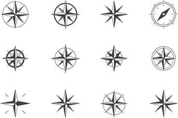 Set of modern compass rose icons for navigation and direction