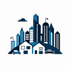 Obraz premium Stylized urban cityscape with various buildings and cars on white background