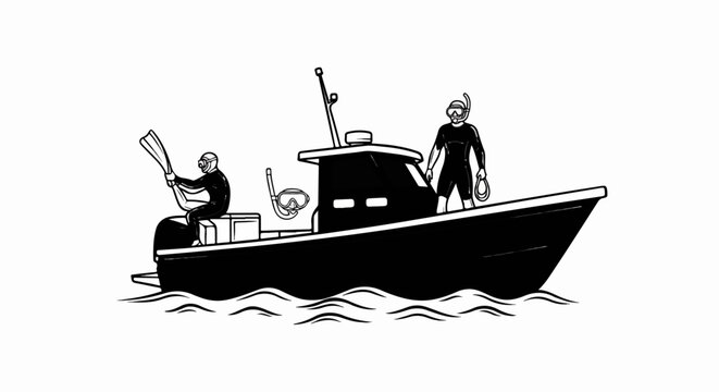 Two divers on a boat with fins and mask ready for exploration